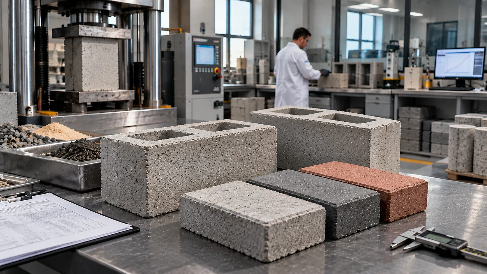 Ensaio de bloco e paver de concreto em laboratório, com prensa de resistência e paquímetro
